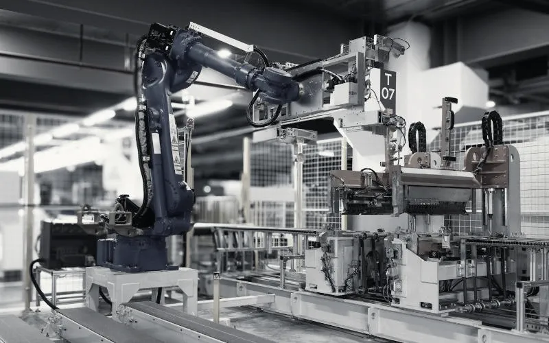 Ramię robota przemysłowego przy zautomatyzowanej linii produkcyjnej